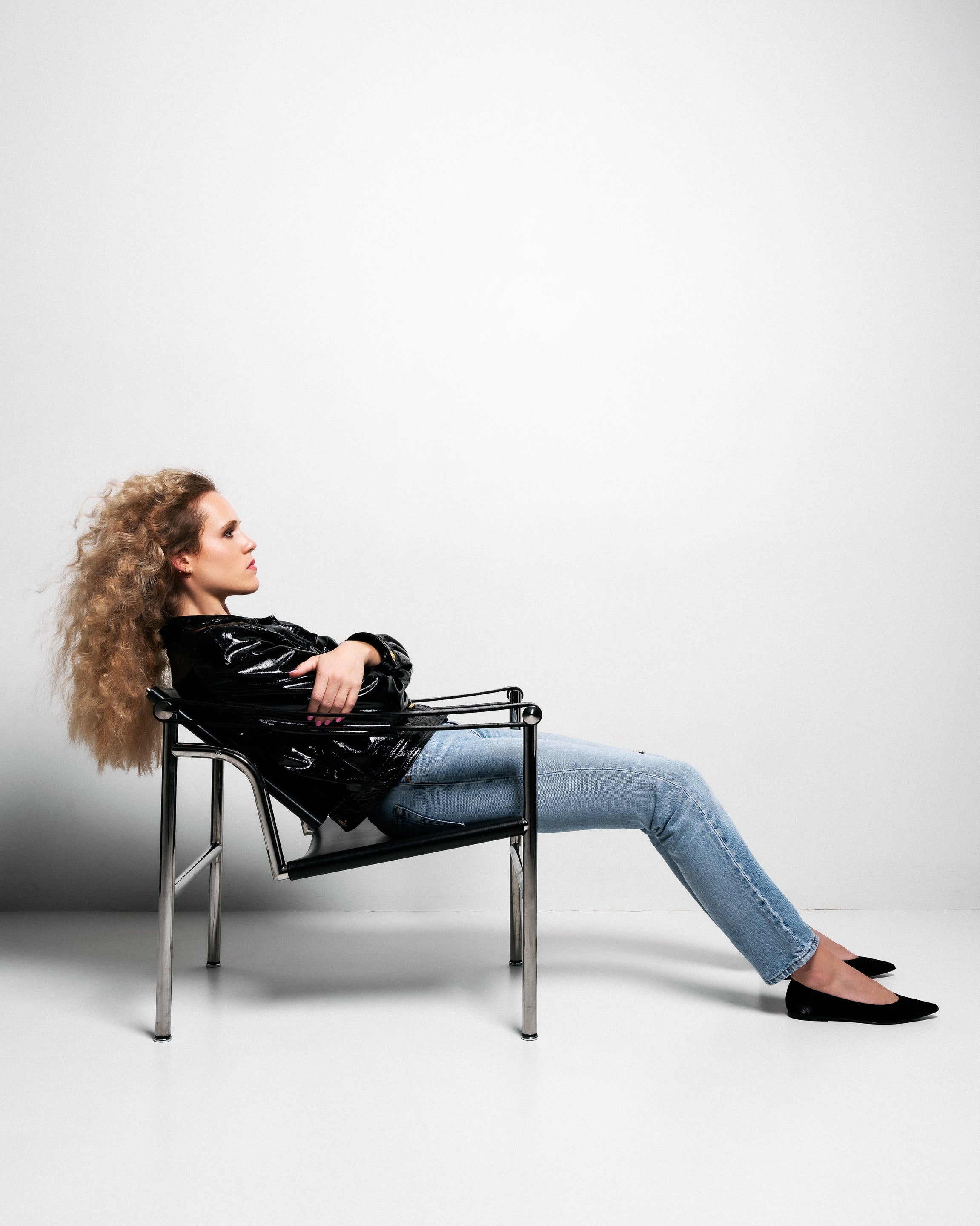 Bikkou 10:30AM Running Between Offices vegan black python pointy ballerina on model